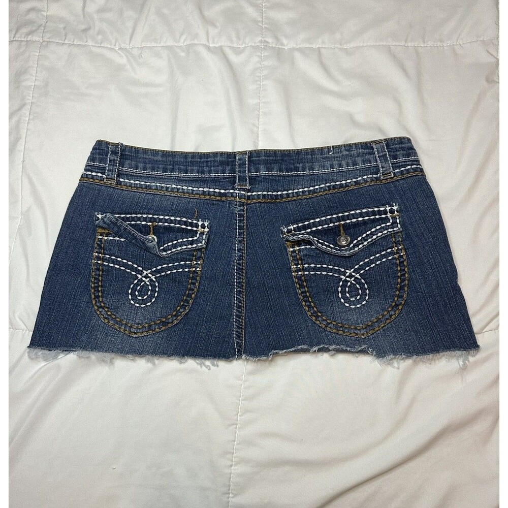 Y2K VTG L2 Jeanswear Ultra Low Rise Mini Skirt Cut Off Rhinestone Sz 13 Grunge